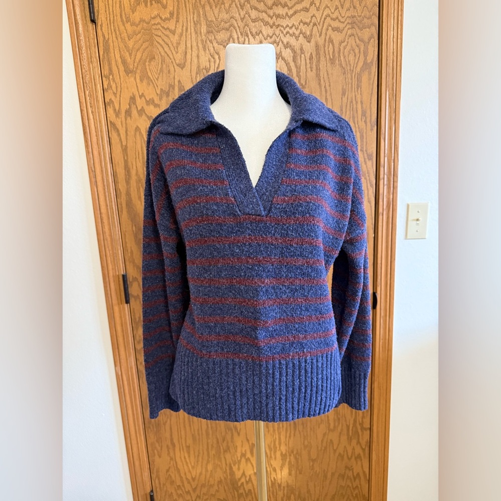 Striped Navy Blue and Burgundy Women's Sweater